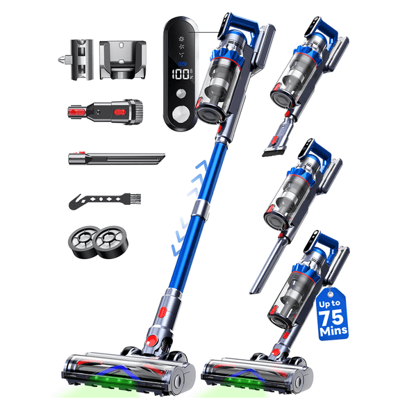 Cordless Stick Vacuum Cleaner,650W/55KPa Powerful with Auto Mode & 3 Speeds,75 Mins Runtime Touch Screen Rechargeable Vacuums for Pet Hair,Carpet