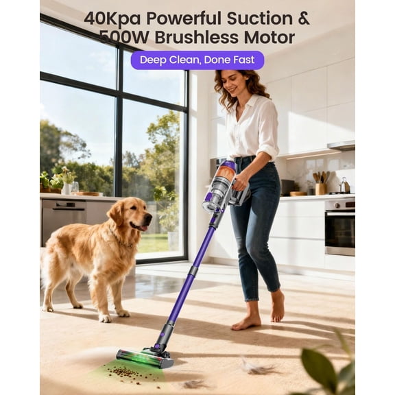 Cordless Vacuum Cleaner, 500W 40KPa 60Mins Vacuum Cleaners for Home, Powerful Stick Vacuum With Green Light, Anti-tangle Wireless Vacumm, Rechargeable Vacuum for Pet Hair/Carpet/Hardwood Floor,