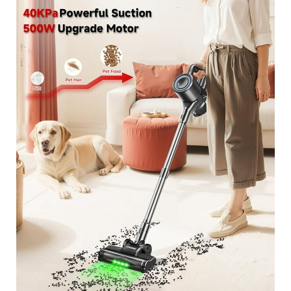 Cordless Vacuum Cleaner, 500W/40Kpa Stick Vacuum with 45Mins Runtime, Self-Standing Vacuum Cleaners for Home, Anti-Tangle, 1.5L Dust Cup, Rechargeable Vacuum for Hardwood Floor Carpet, Gray