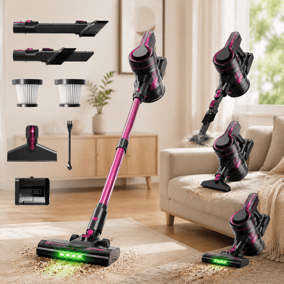 Cordless Vacuum Cleaner, 500W/40Kpa Vacuum Cleaners for Home, 60Mins Stick Vacuum, Anti-Tangle & Wall Mount Charging, 8 in 1 Lightweight Vacuum for Hard Floors Carpet Pet Hair