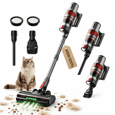 Cordless Vacuum Cleaner, 600W 50KPa Stick Vacuum for Home Hardwood Floor Carpet Pet Hair, 4-in-1 Lightweight Handheld Vacuum with LED Brush, 60 Min Runtime, Self-Standing, Gray
