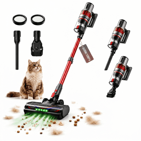 Cordless Vacuum Cleaner, 600W 50KPa Stick Vacuum for Home Hardwood Floor Carpet Pet Hair, 4-in-1 Lightweight Handheld Vacuum with LED Brush, 60 Min Runtime, Self-Standing, Red