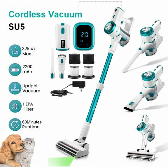 Cordless Vacuum Cleaner, 55 Mins Runtime Stick Vacuum with Intelligent Display, 32Kpa Vacuum Cleaners for Home, Rechargeable Battery and Anti-Tangle Brush Handheld Vacuum for Floor Carpet Pet H
