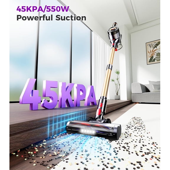 Cordless Vacuum Cleaner 550W 45Kpa 60Mins Anti-Tangle Stick Vacuum with Self-Standing Wall Mount Charging LDE Display for Carpet Pet Hair Hardfloor
