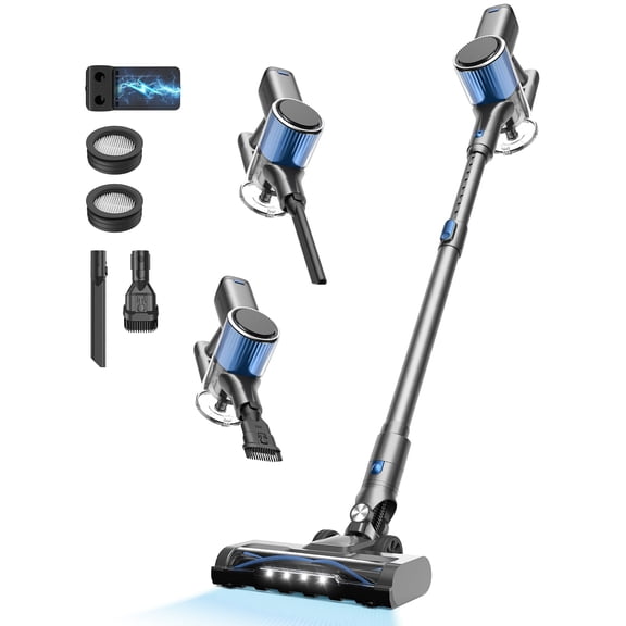 Cordless Vacuum Cleaner, 580W/50Kpa/50Mins Stick Vacuum for Home, LED Touch Screen, Anti-Tangle, Wall Mount Charging Lightweight Rechargeable Vacuum for Carpet Pet Hair Hardwood Floor Blue