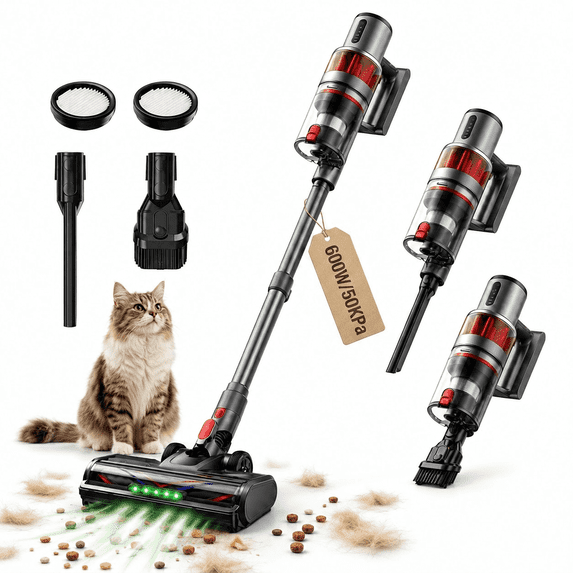 Cordless Vacuum Cleaner, 600W 50KPa Stick Vacuum for Home Hardwood Floor Carpet Pet Hair, 4-in-1 Lightweight Handheld Vacuum with LED Brush, Self-Standing, Gray