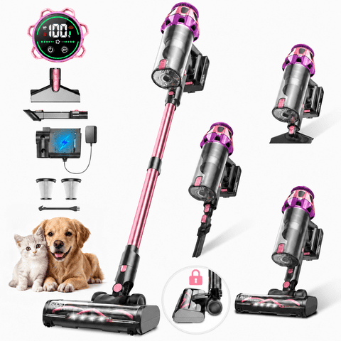 Cordless Vacuum Cleaner, 600W/55KPA Vacuum Cleaners for Home, 55Mins Stick Vacuum, Anti-Tangle & 1.8L Large Dust Cup, Lightweight Vacuum for Hard Floors Carpet Pet Hair, Purple Pink