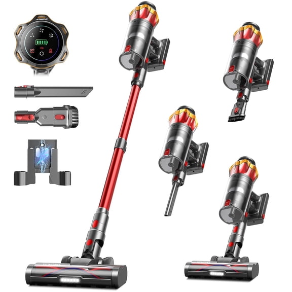 Cordless Vacuum Cleaner, 650W 55KPa 70Mins Vacuum Cleaners for Home, Self-Standing Stick Vacuum with Anti-Tangle Brush & OLED Touch Screen, Vacuum Cleaner for Hardwood Floors,Carpet,Pet Hair,Car (Red