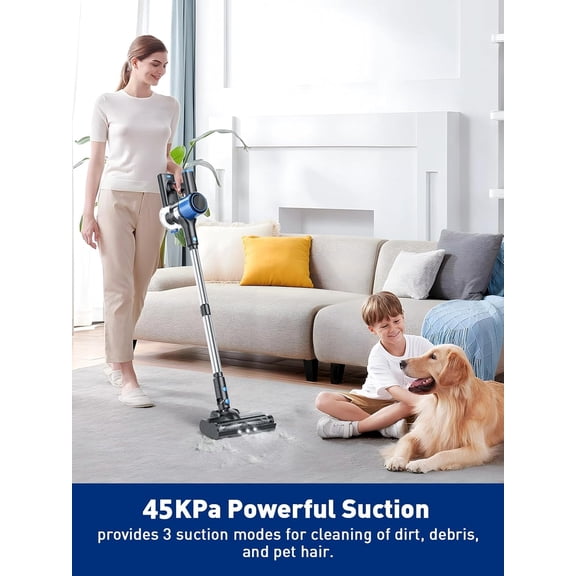 Cordless Vacuum Cleaner, 8 in 1 Powerful Suction Lightweight Vacuum for Home, LED Display, 3 Suction Modes, 45Mins Detachable Battery Vacuum for Hard Floor Carpet Pet Hair