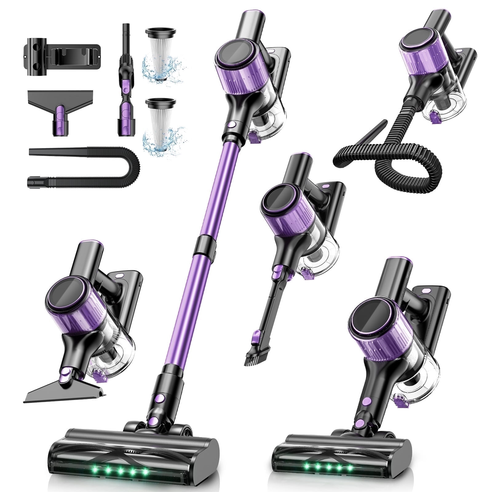 Cordless Vacuum Cleaner, 40Kpa Stick Vacuum with Powerful Suction, Hose, Green LED Light, Anti-Tangle Brush, Lightweight Rechargeable Vacuum Cleaner for Home, Hardwood Floors, Carpets,Purple
