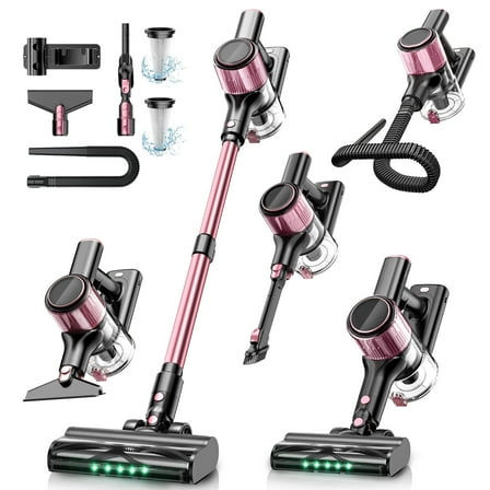 Cordless Vacuum Cleaner, 10 in 1 Stick Vacuum with Powerful Suction, Hose, Green LED Light, Anti-Tangle Brush, Lightweight Rechargeable Vacuum Cleaner for Home, Hardwood Floors, Carpets,Pink