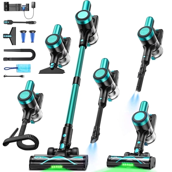 Cordless Vacuum Cleaner, 55Mins Stick Vacuum with Self-Standing & LED Display, Anti-Tangle & Wall Mount Charging, for Pet Hair/Carpets/Floor Mint Blue