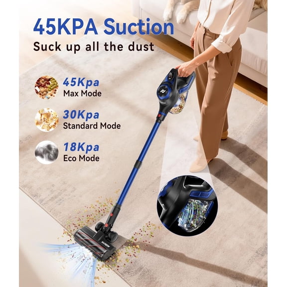 Cordless Vacuum Cleaner for Home, 45Kpa Stick Vacuum, Max 80mins Runtime, 1.5L Dust Cup, Rechargeable Lightweight Handheld Vacuum for Carpet/Hardwood Floor/Pet Hair/Car (Navy Blue)