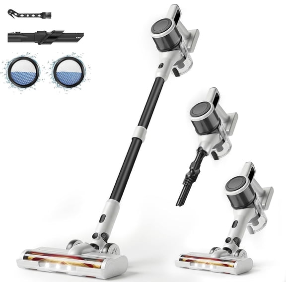 Cordless Vacuum Cleaner for Home - Lightweight, Stick Clean with Rechargeable Battery, Max 45Mins Runtime, 8 in 1 Handheld Hardfloor & Carpets Pet Hair, White&Yellow