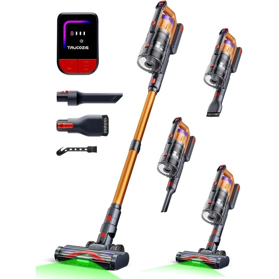 Cordless Vacuum Cleaner for Home, Upgraded 60Kpa Powerful Suction Pet Hair with 70min Runtime, Green LED Light Hardwood Floors & Carpet, Self-Standing Rechargeable Stick Vacuum, Golden