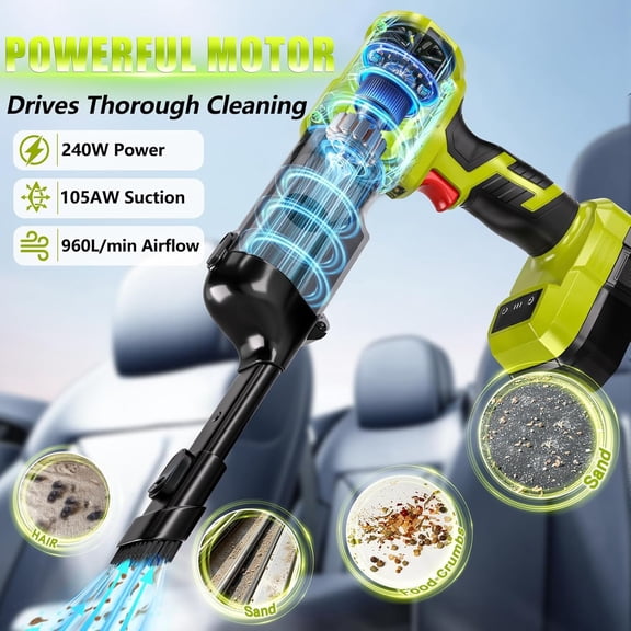 Cordless Vacuum Compatible with Ryobi 18V Battery, Handheld Electric Vacuum Cleaner with 105AW Powerful Suction, 3-Speed Car Vacuum for Home Pet Hair, Car (5 Filters, Battery Not Included)