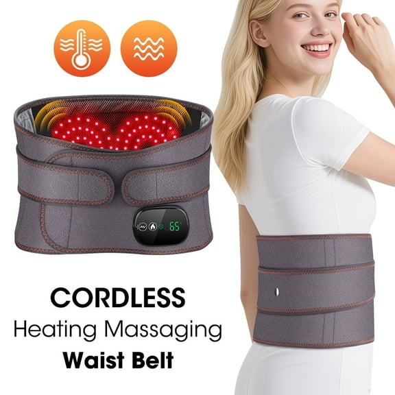 Waist Heating Pad, Cordless Lower Back Massager Wrap with Heat & Led Light, Lumbar Heated Massage Brace with 3 Heating & Vibration, 30min Auto Off, 5000mAh Battery, Extension Strap, Gray
