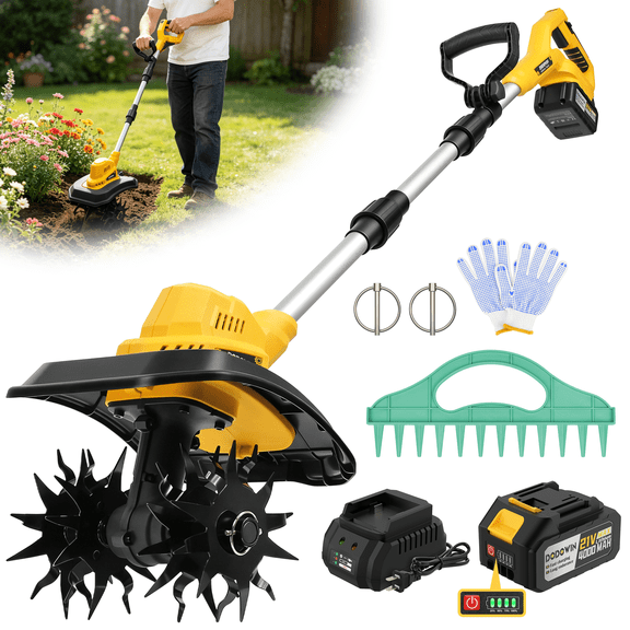 Cordless WalkBehind Tiller with Battery and Charger, PushBehind Cultivator for Large Garden Beds and Soil Preparation, EasyRolling Power Tiller for Home Gardeners