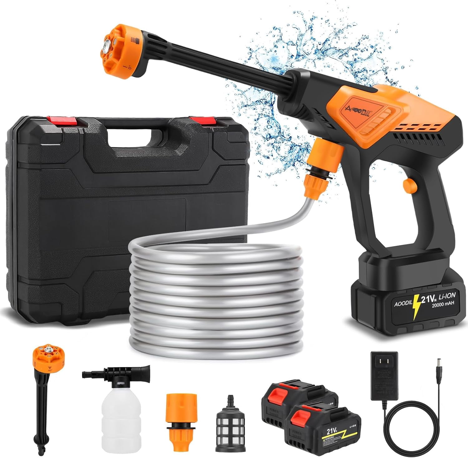 Cordless Washer, 6 in 1 Nozzle Portable Power Washer with 2 Batteries, 800PSI Cordless Power Washer with 5m Hose, Hard Carry Case for Car, Home & Garden