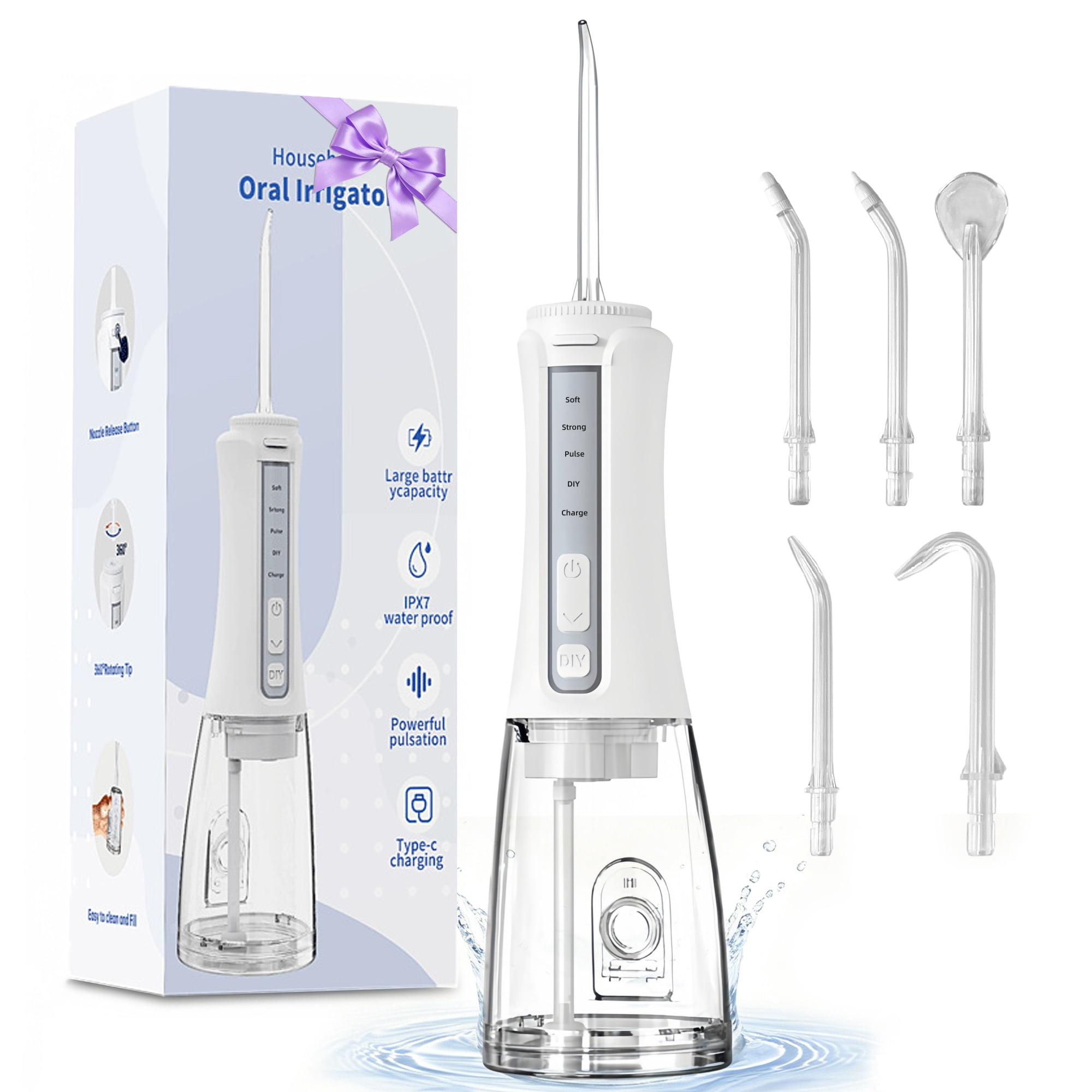 Water Flosser,Dental Oral Irrigator,4 Modes 5 Jet Tips,300ML Tank,IPX7 Waterproof Rechargeable Teeth Cleaner for Home & Travel