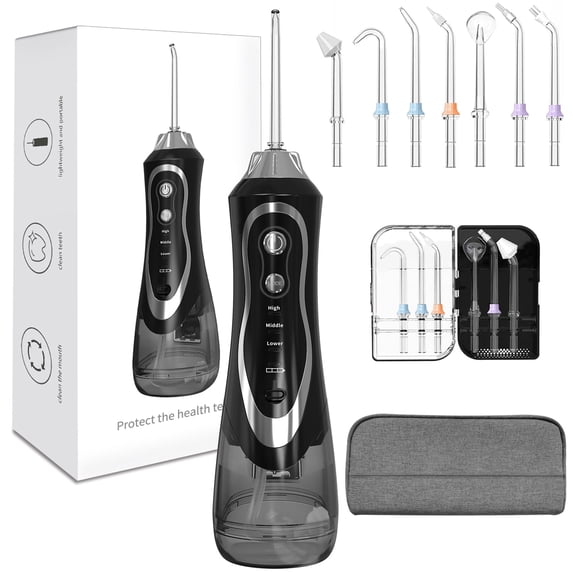 Cordless Water Flosser with 7 Multifunctional Nozzles (Orthodontic/Nose/Cleaner), 3 Modes & DIY Pressure, 320ML IPX7 Waterproof Oral Irrigator with Travel Case for Home & Travel