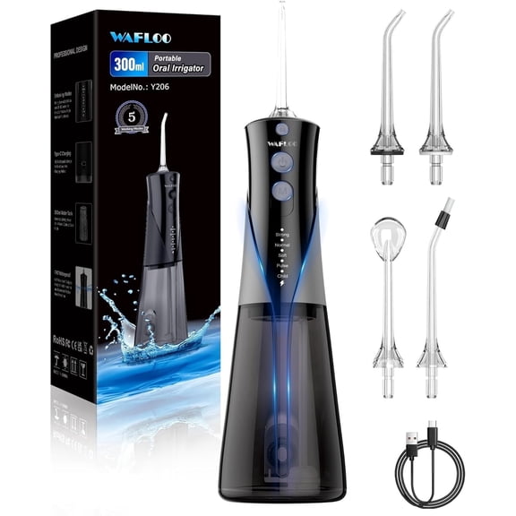 Cordless Water Flosser Dental Teeth Cleaner with 4 Flossing Tips, 5 Modes 300ML Larger Tank IPX7 Waterproof Portable Rechargeable Water Flosser Dental Oral Irrigator for Home and Travel, Gray