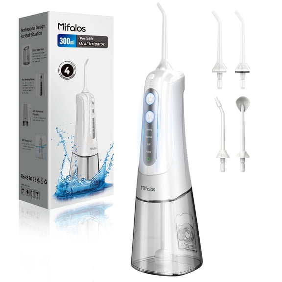 Cordless Water Flosser Dental Teeth Cleaner, 4 Jet Tips 4 Modes Oral Irrigator Portable, 300ML Tank USB Rechargeable IPX7 Waterproof, White