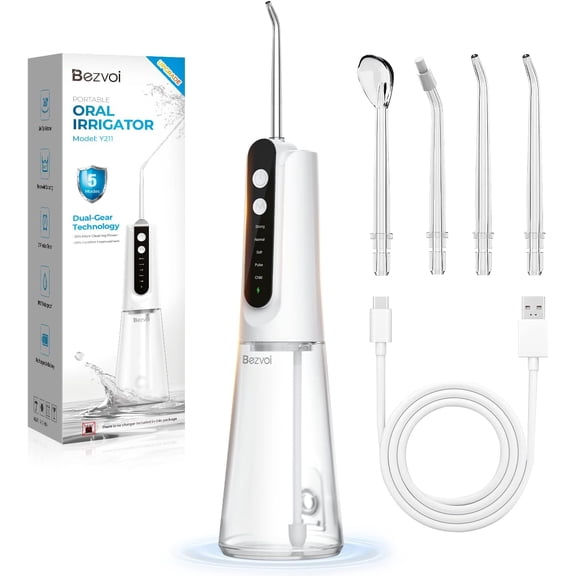 Cordless Water Flosser Dental Teeth Cleaner, 5 Modes & 40-Day Battery, Portable Rechargeable Oral Irrigator for Home and Travel, Removable 300ML Water Tank for Easy Clean, IPX7 Waterproof, White
