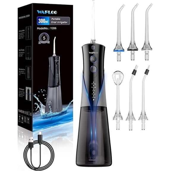 Cordless Water Flosser Dental Teeth Cleaner with 6 Flossing Tips, 5 Modes 300ML Larger Tank IPX7 Waterproof Portable Rechargeable Water Flosser Dental Oral Irrigator for Home and Travel, Black