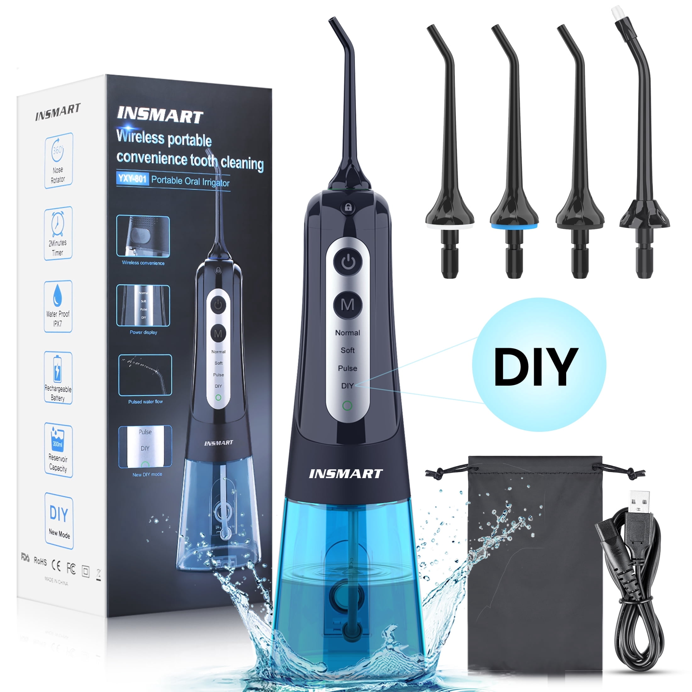 Cordless Water Flosser Dental Teeth Cleaner, INSMART Professional 300ML Tank DIY Mode USB Rechargeable Dental Oral Irrigator for Home and Travel, IPX7 Waterproof 4 Modes Irrigate for Oral Care