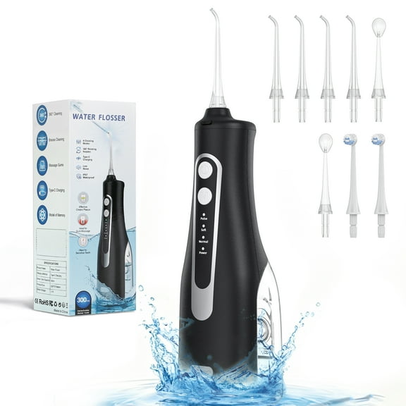 Cshidworld Cordless Water Flosser, Portable Dental Teeth Cleaner, 300ML Tank Rechargeable Dental Oral Irrigator for Home and Travel, 4 Modes 8 Jet Tips, IPX7 Waterproof