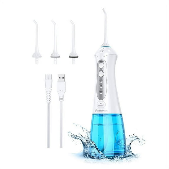 Cordless Water Flosser Teeth Cleaner, CREMAX USB Rechargeable Portable Dental Oral Irrigator with 300ML Water Tank, 4 Jet Tips for Home, 3 Modes Water Flossing, IPX7 Waterproof-Blue