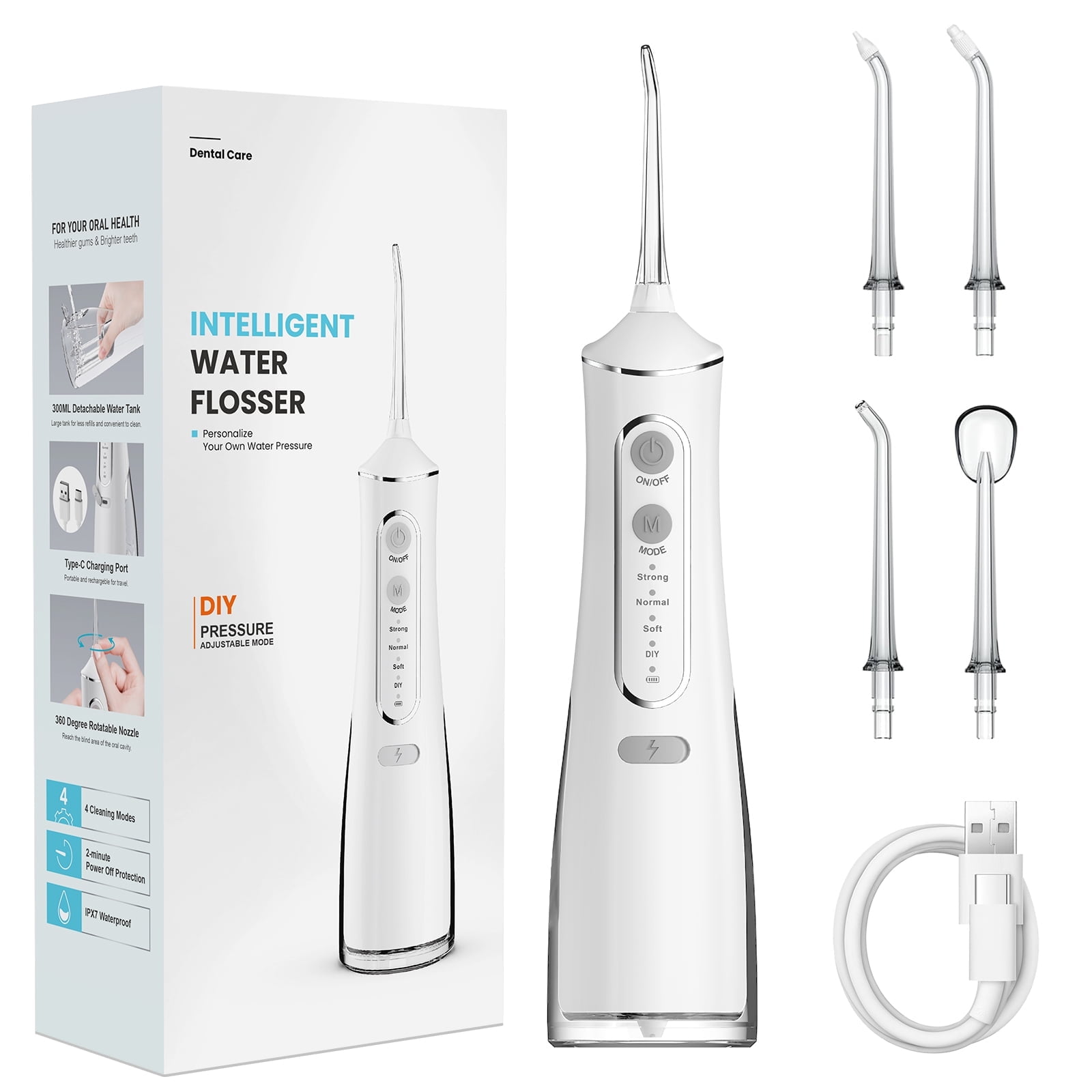 Korsmall Cordless Water Flosser for Teeth, Rechargeable Oral Irrigator with 4 Cleaning Modes, IPX7 Waterproof, for Home and Travel, White