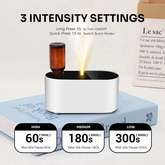 Cordless Waterless Essential Oil Diffuser, Rechargeable Nebulizing Aromatherapy Machine with 3 Levels for Car Home Office, White