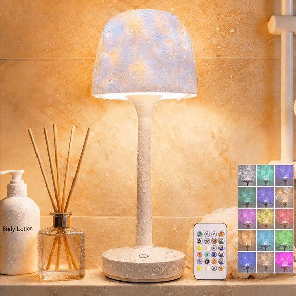 Cordless Waterproof Shower Lamp, Rechargeable Bathroom Lamp with Remote & Touch Control 16 Color Changeable Ocean Wave Projector Light, Spa-Like Mood Light for Bathtub/Shower (Beige)