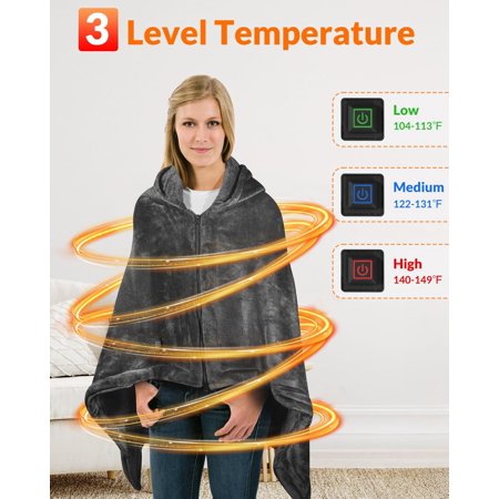 Cordless Wearable Heated Blanket, 10000mah Heated Blanket Battery Operated with Hood, USB Heating Throw Shawls Portable Electric Blanket with 3 Heating Levels for Home Office Outdoor(Gray)