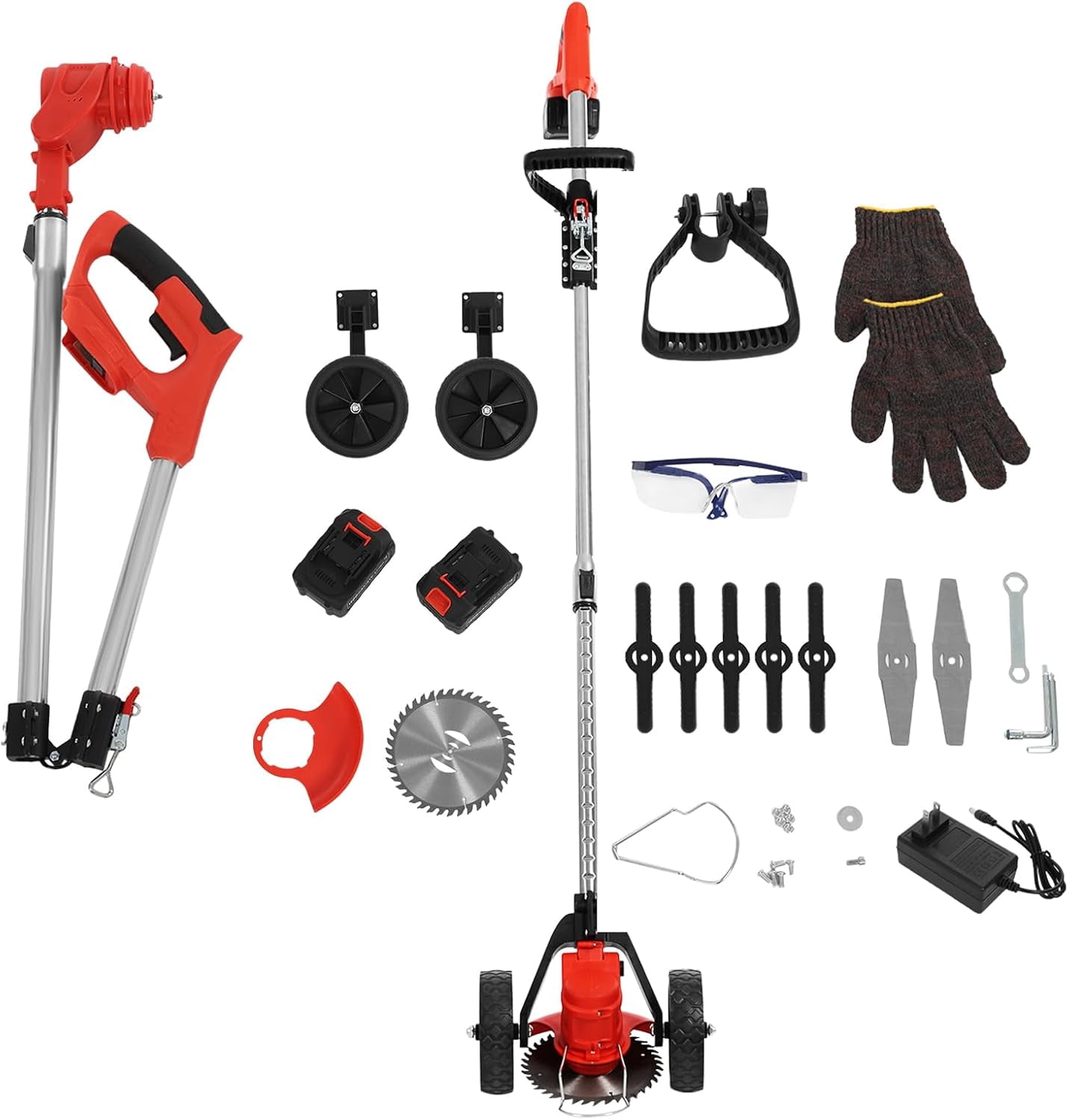 Cordless Weed Trimmer 21V 800W - Electric Lawn Trimmer with 2 Batteries, Cordless Weed Wacker,5.9" Metal Blade, Adjustable 47-59" Pole for for The Garden and Yard