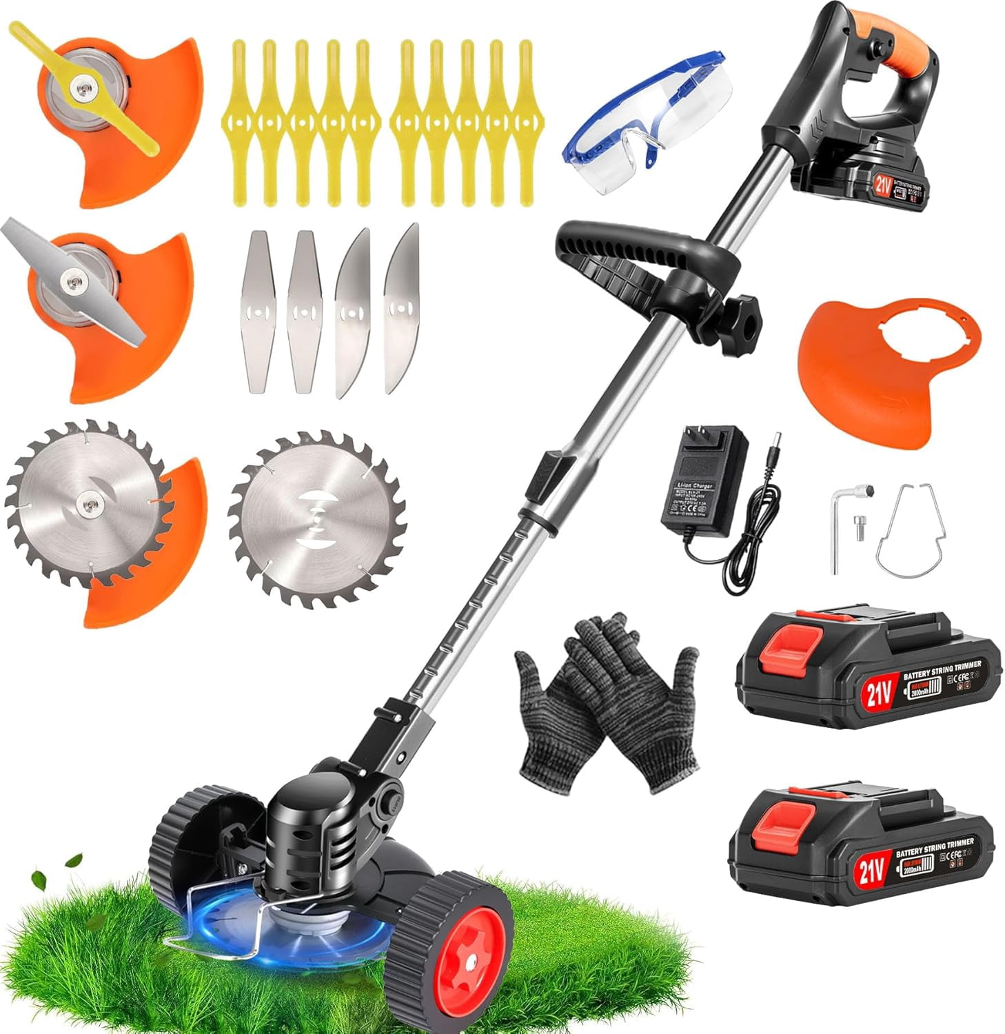 Cordless Weed Wacker Electric Weed Wacker 21V Battery Powered Brush Cutter 3-in-1 Lightweight Grass Trimmer Weed Cutter Lawn Edger with 3 Types Blade & Wheels