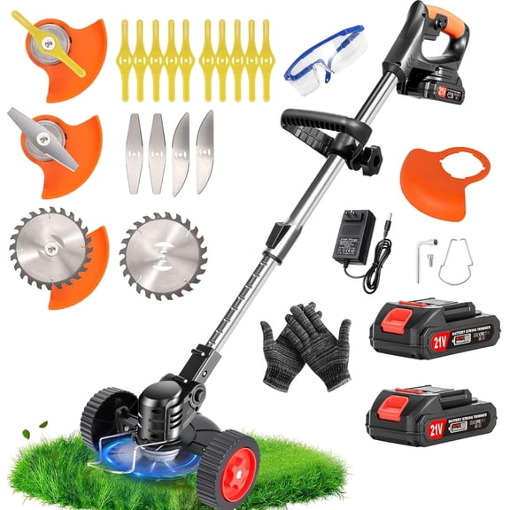 Cordless Weed Wacker Electric Weed Wacker 21V Battery Powered Brush Cutter 3-in-1 Lightweight Grass Trimmer Weed Cutter Lawn Edger with 3 Types Blade & Wheels
