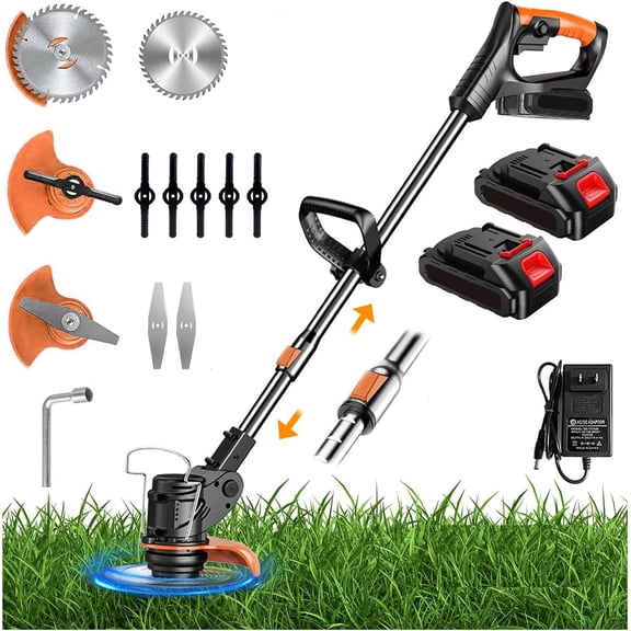Cordless Weed Wacker ,Weed Trimmer with 2 Batteries, 3 in 1 Cordless Trimmer Lawn Electric Grass Cutter/Edger/Brush for Yard Garden,Black Orange