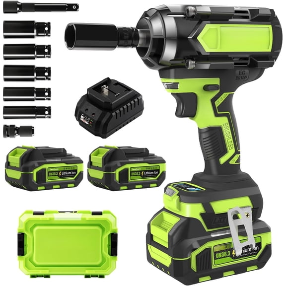 Cordless Wrench 1/2 Inch, 1200N.m High Torque Brushless , 21V Power Driver with 2x4.0Ah , 3-Speed modes & LED Light, 5 Sockets for /Mower/Pickup//RV