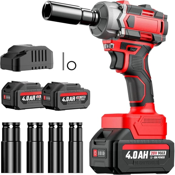 Cordless Wrench, 1/2" Max Torque 440 Ft-lbs / 600 N.m Power , 20V 3000RPM Electric Driver, 2 x 4.0Ah , 4 Sockets, Carry Bag Included