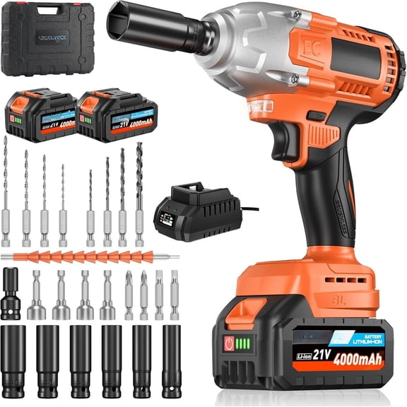 Cordless Wrench, 665Ft-Ibs (900N.m) 1/2" Electric Wrench, 21V Power Drill with 2x 4.0Ah , 6 Sockets, 8 Drill, 6 Screws, Variable Speeds for //Mower