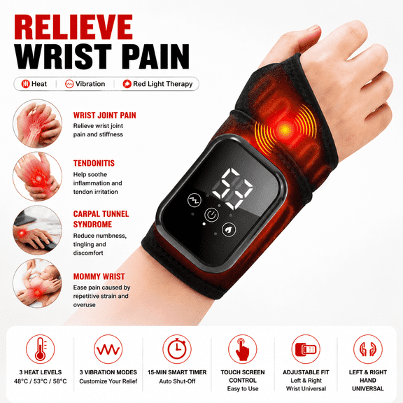 Cordless Wrist Heating Massager,Heated Wrist Brace with 3 Heat Levels & 3 Vibration Modes,Rechargeable Wrist Heating Pad for Carpal Tunnel Relax