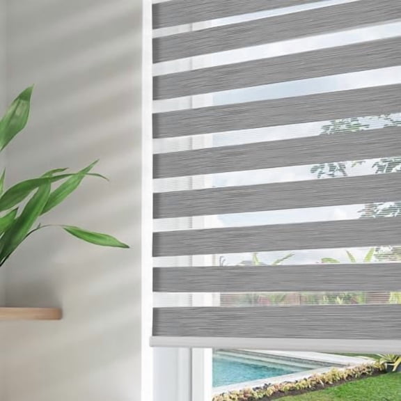 Cordless Zebra Blinds for Windows, Dual Layer Free-Stop Zebra Shades Privacy Light Control for Day and Night, Light Filtering Sheer Blinds for Indoor Windows (Grey, 34" W x 75" H)