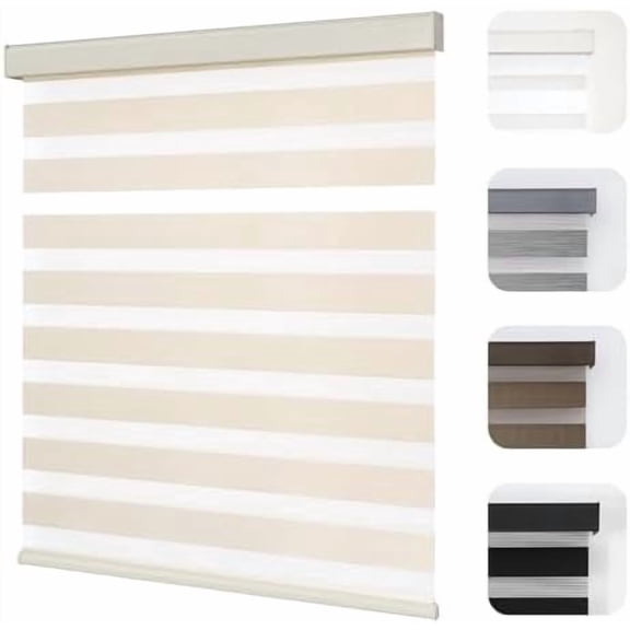 Cordless Zebra Blinds for Windows, Dual Layer Light Control Window Blinds with Light-Proof Aluminum Cover, Free-Stop Roller Shades for Home & Office (Beige,17" W x 48" H)