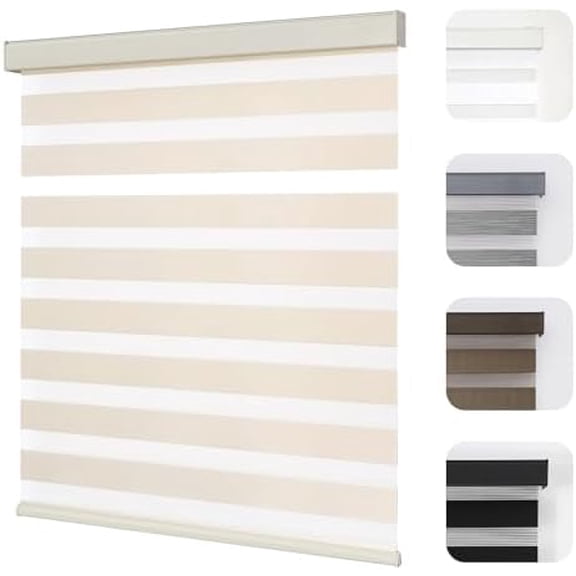 Cordless Zebra Blinds for Windows, Dual Layer Light Control Window Blinds with Light-Proof Aluminum Cover, Free-Stop Roller Shades for Home & Office (Beige,32" W x 75" H)