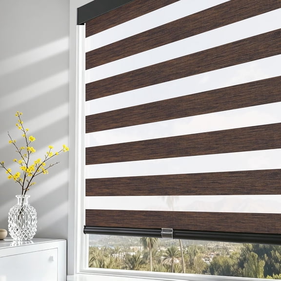 Cordless Zebra Blinds for Windows Pull Down Roller Window Shades Dual Layer Light Filtering Privacy for Day and Night, Free-Stop Door Shades for Home Easy to Install Brown 36" W X 72" H