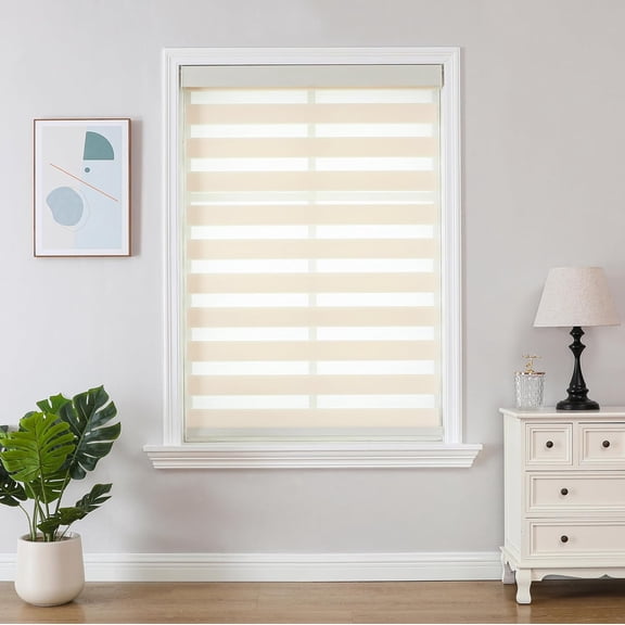 Cordless Zebra Blinds with Dual Layer Light Control, Light-Proof Free-Stop Roller Shades, Beige, 23" x 75"