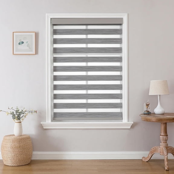 Cordless Zebra Blinds with Dual Layer Light Control, Light-Proof Free-Stop Roller Shades, Gray, 23" x 75"